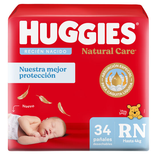 Pañales Premium Huggies Natural Care RN Más Suave 34 Unidades